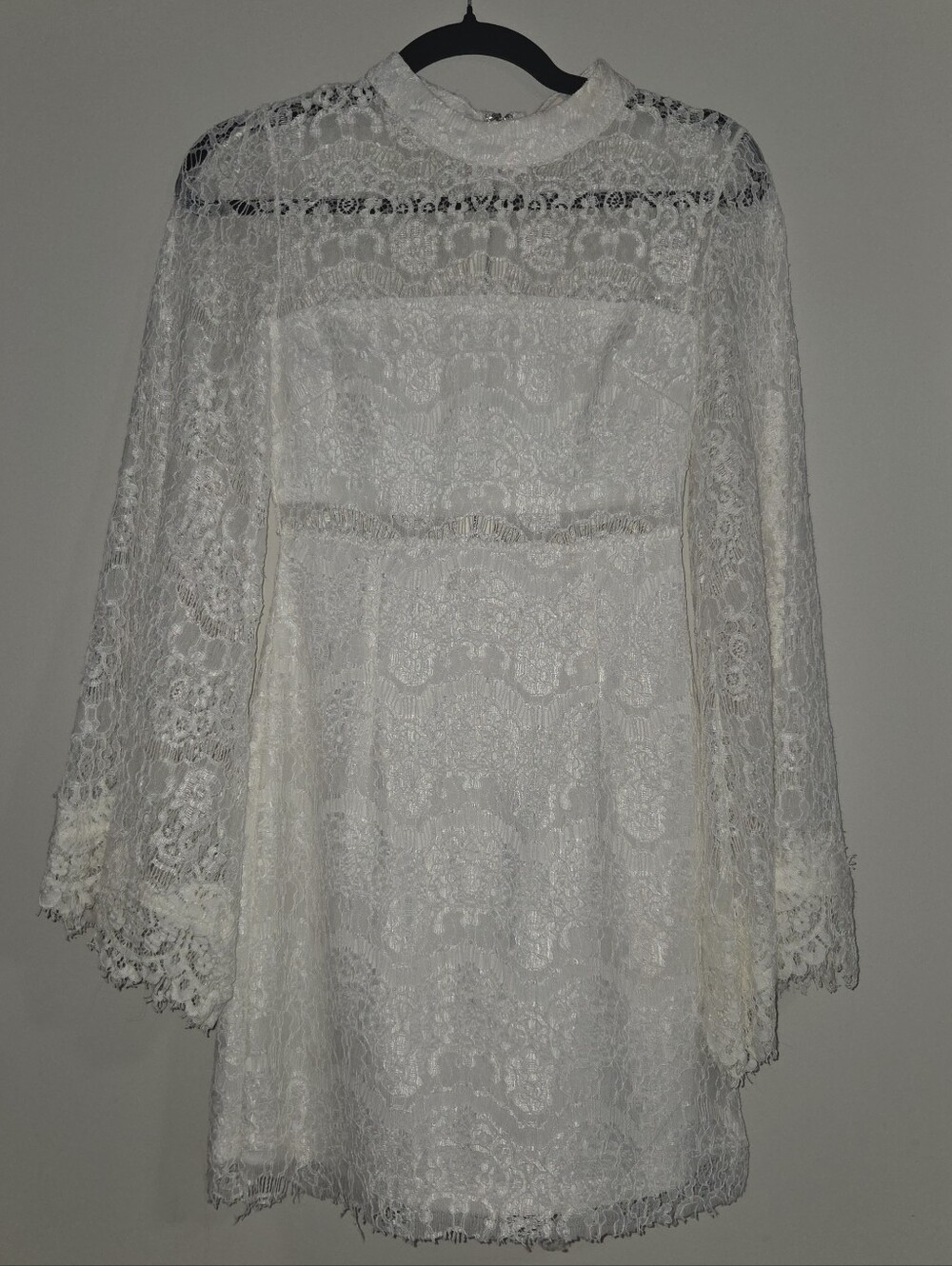 White Lace Mini Dress with Bell Sleeves
